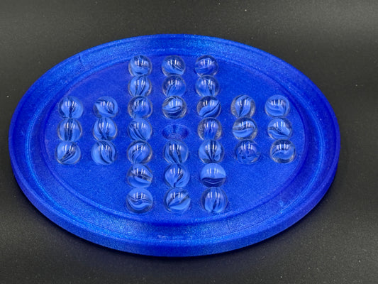 Handmade Blue 3D Printed Solitaire Game Board with Glass Marbles